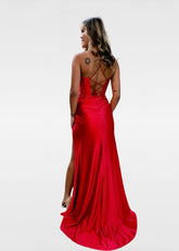 Jessica | Red and Teal Mermaid Pleated Satin Prom Dress Prom with Slit - Red - PromDressClub